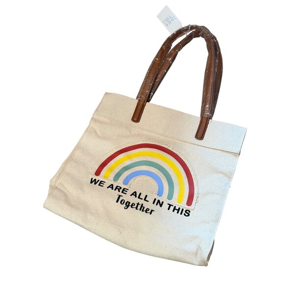 NWD Time Tru We Are All In This Together Canvas Beige Tote Bag Rainbow Positive - Picture 5 of 10